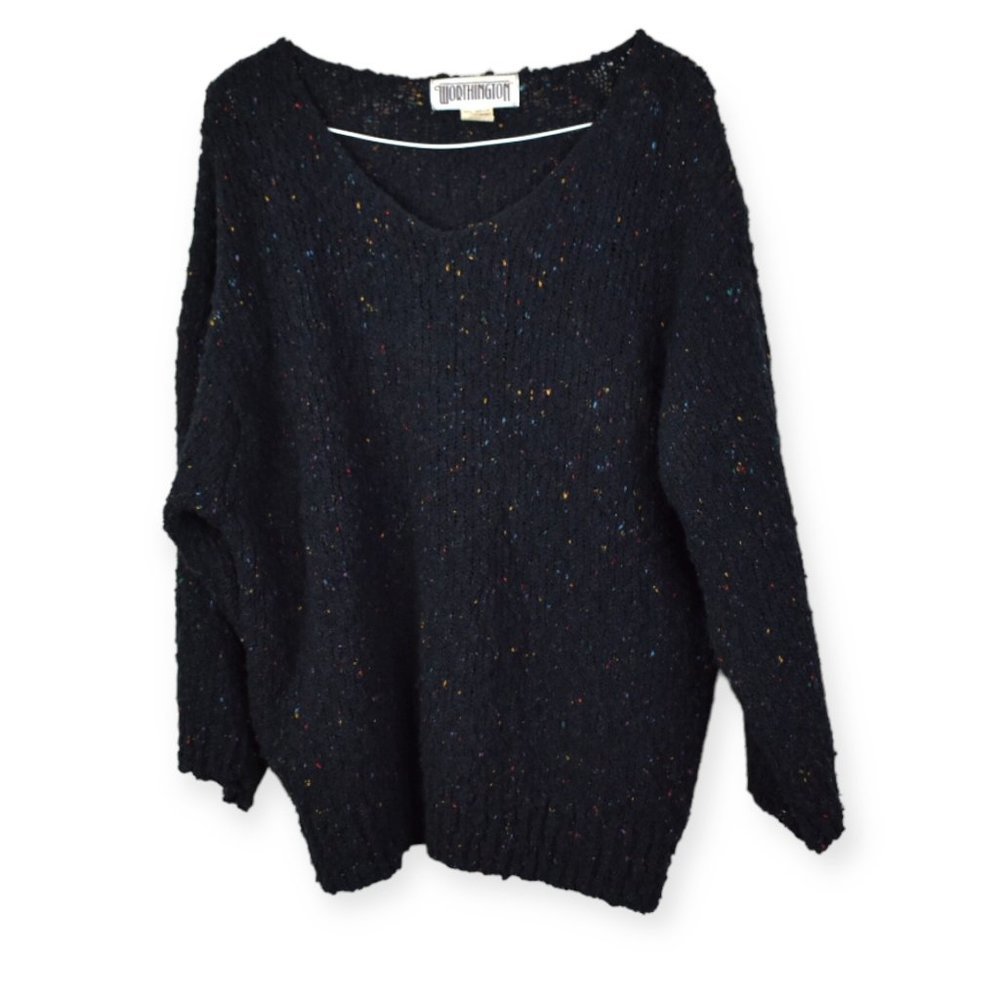 Worthington Sweater 18W Womens Black Scoop Neck Specked Long Sleeve Vintage